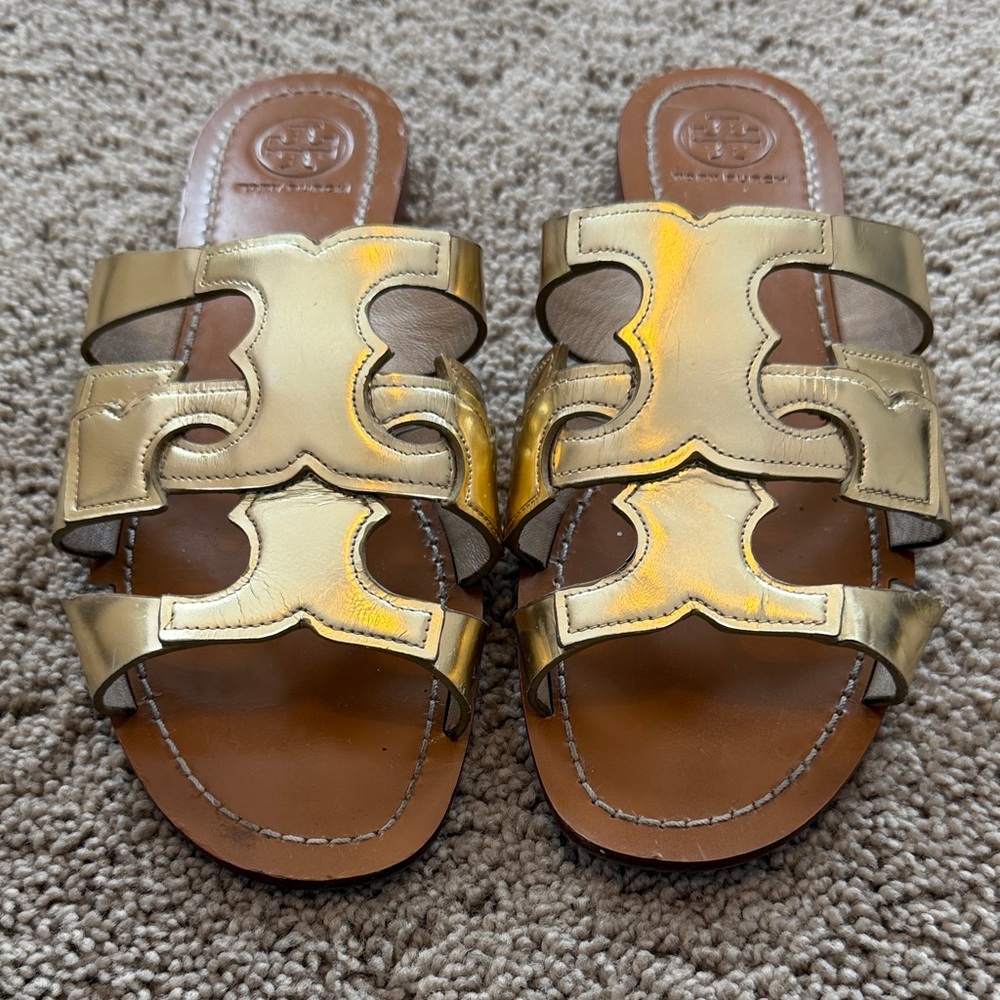 Tory Burch Anchor T Metallic Gold Slide Sandals